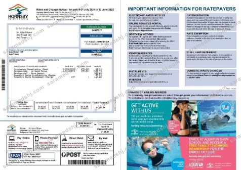 Australia NSW Hornsby Shire Council utility bill, Word and PDF template, 2 pages